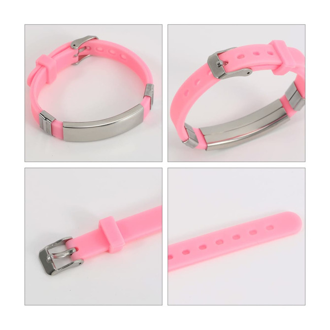 A pink metal bracelet featuring a sleek design with a silver clasp and adjustable strap.