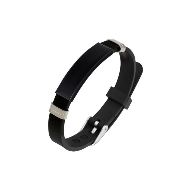A black metal silica bracelet with silver accents, featuring a sleek design and adjustable strap.