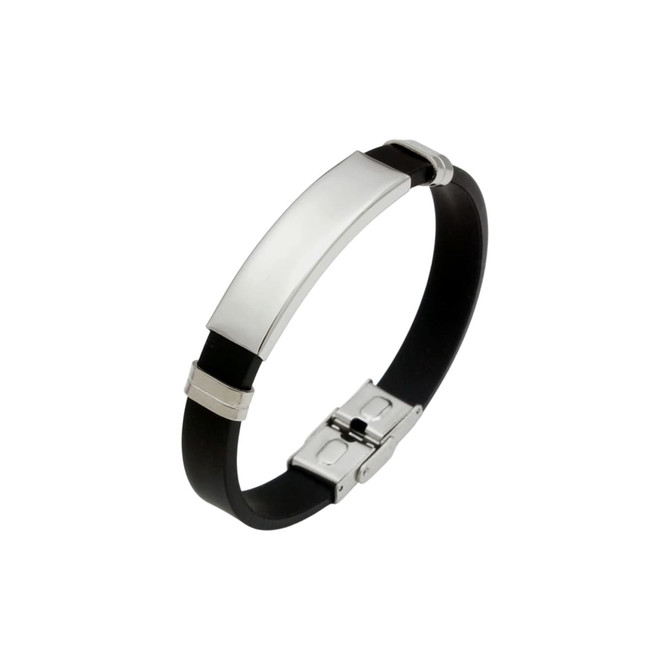 A sleek black bracelet featuring a silver metal buckle latch and a smooth silver panel.