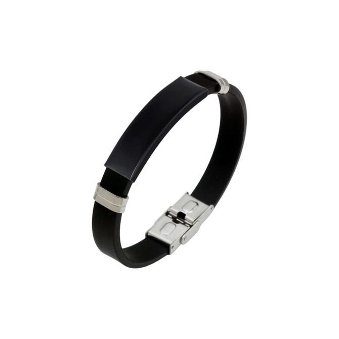 A stylish black bracelet featuring a metal buckle latch and silver accents. Ideal for sleek, modern fashion.