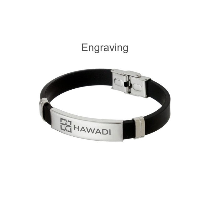 A sleek black bracelet featuring a silver metal buckle latch and engraved logo.