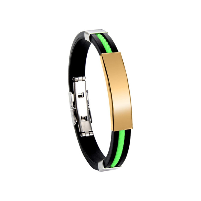 A bracelet featuring a gold clasp with black and green silicone accents. It includes a branding element.