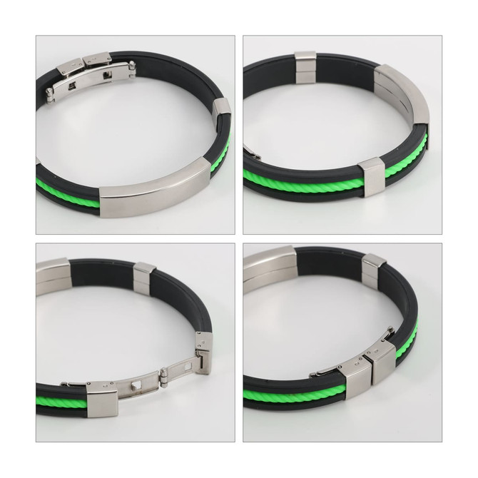 A silicone bracelet featuring a sleek design with black and vibrant green accents, finished with a silver clasp.