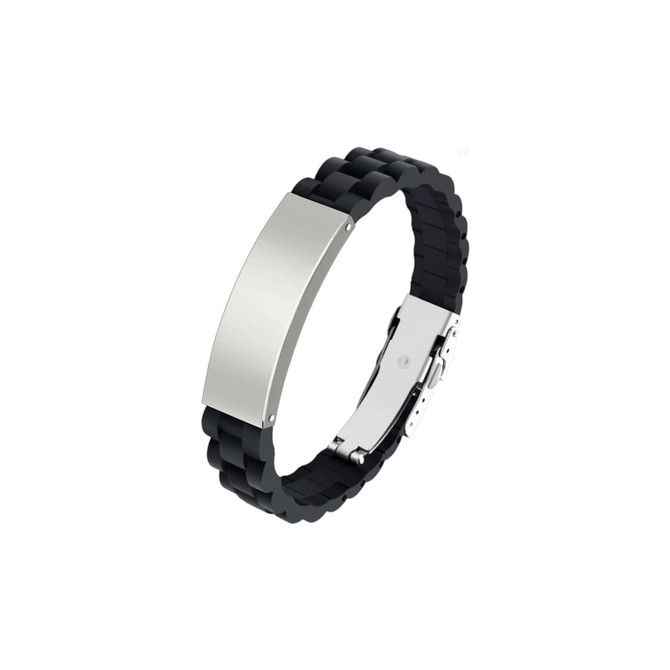 A black silicone bracelet with a metallic silver clasp and a smooth surface area for custom engraving.