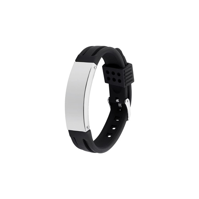 A metal strap bracelet featuring a silver metal plate and a black silicone band. The design is sleek and modern.