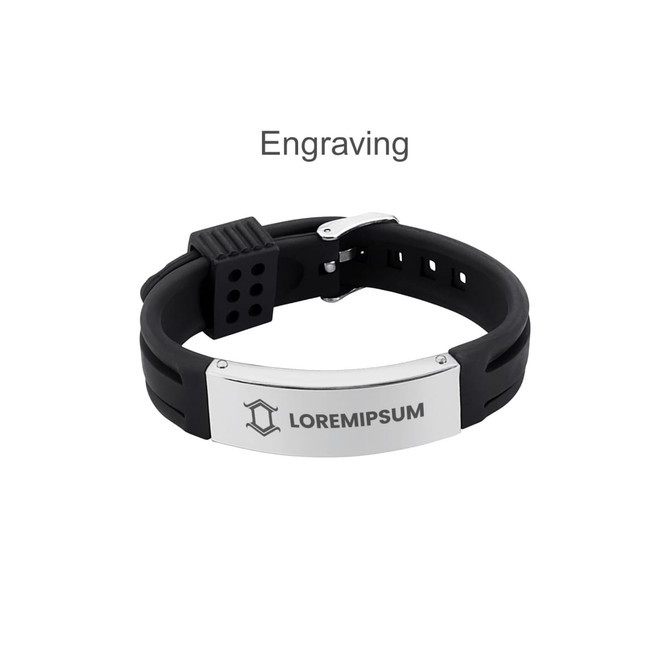 A metal strap bracelet with a silver metal plate and a black rubber band, featuring an engraved design.