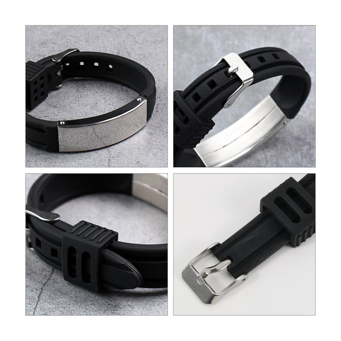 A metal strap bracelet featuring a sleek silver plate and a black rubber band with adjustable fit.