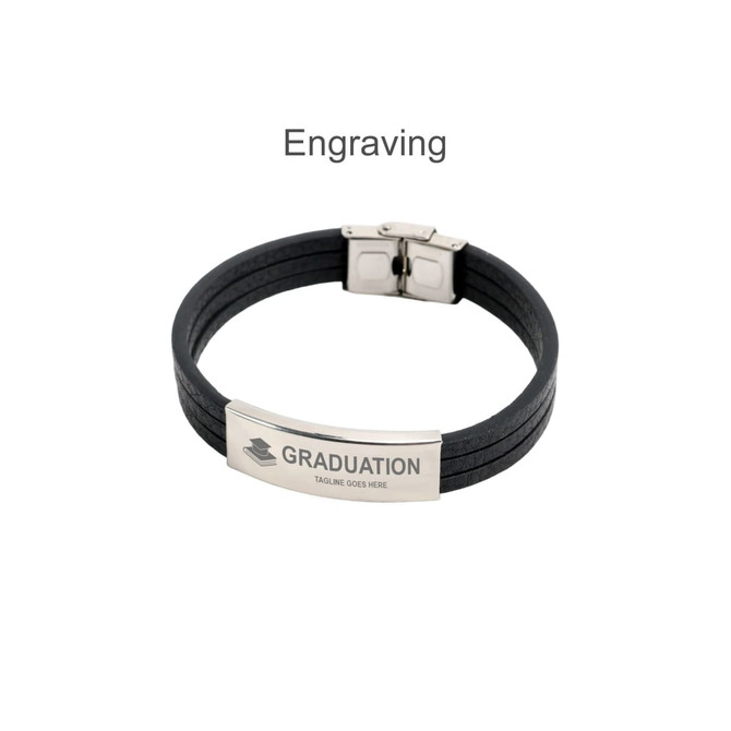 A multi-layer black leather bracelet with a silver clasp and engraved rectangular metal plate.