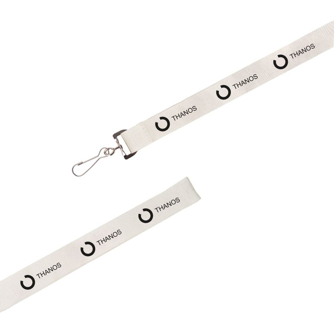 A white paper yarn lanyard featuring a clip and a repeated logo design in black.