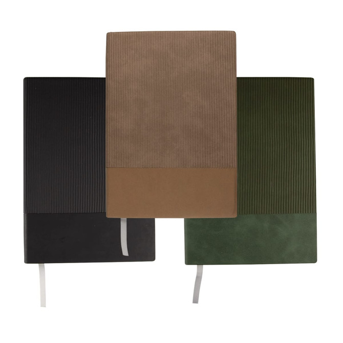 A set of three A5 notebooks in black, olive green, and tan, featuring textured covers and ribbon bookmarks.