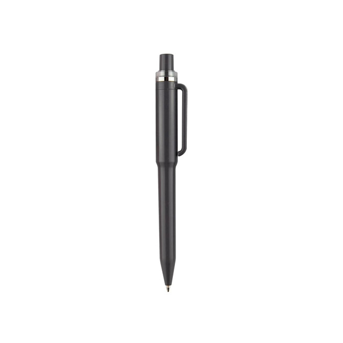 A black plastic pen with a silver accent and a clip attached. The pen has a sleek, streamlined design.