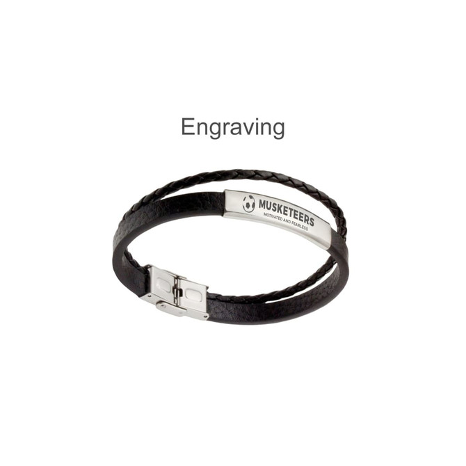 A double-layer black leather bracelet featuring a metallic clasp and an engraved section, including a logo.