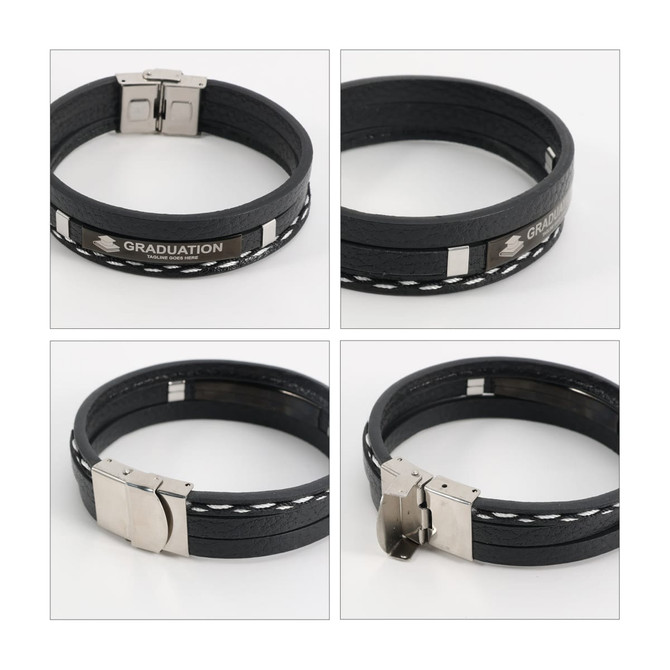 A multi-layer braided leather bracelet in black, featuring metal accents and a clasp. Includes a logo detail.