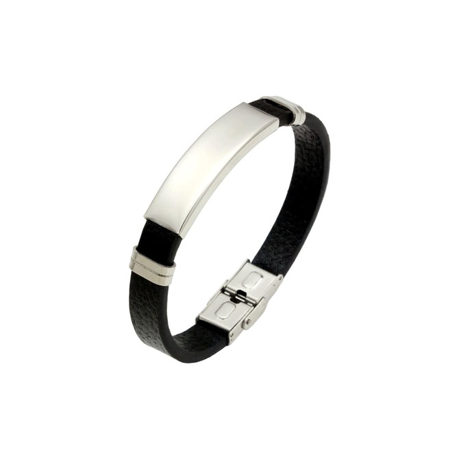 A custom leather bracelet featuring a black band and a silver-tone metal plate with a clasp fastening.
