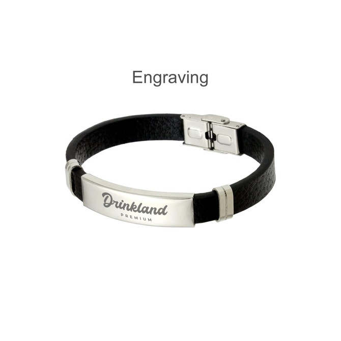 A custom leather bracelet with a black leather band and a silver metal clasp, featuring an engraved brand logo.