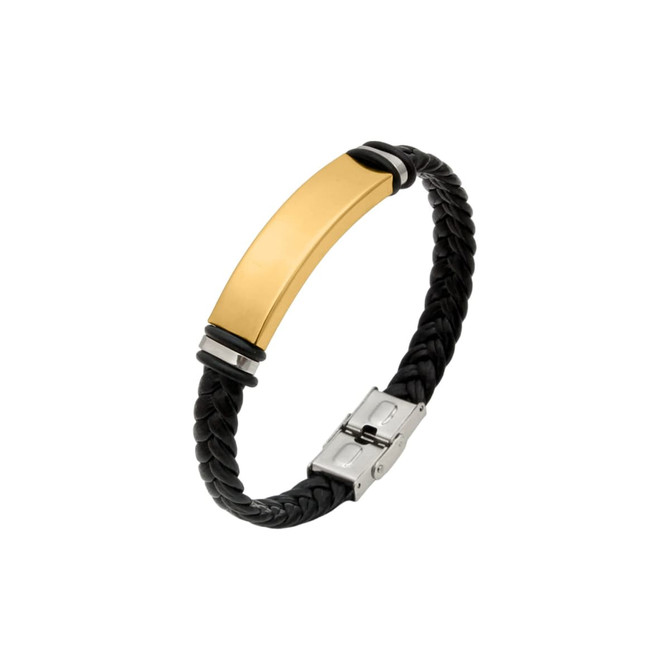 A braided black leather bracelet featuring a gold metallic centrepiece and a silver clasp.