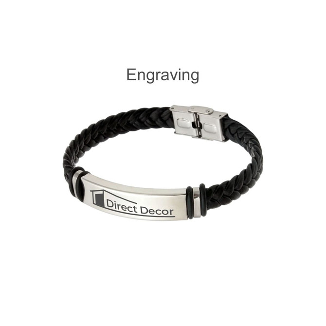 A black leather twine bracelet featuring a silver clasp and a logo engravings on a metal plate.
