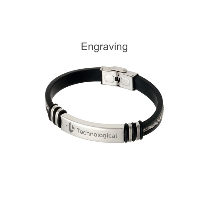 A black and silver bracelet featuring a clasp and a metallic engraving, with a logo present.