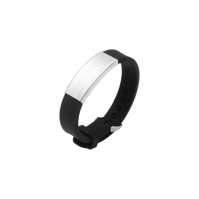 An engraved stainless steel bracelet featuring a black silicone band and a sleek, shiny silver plate.