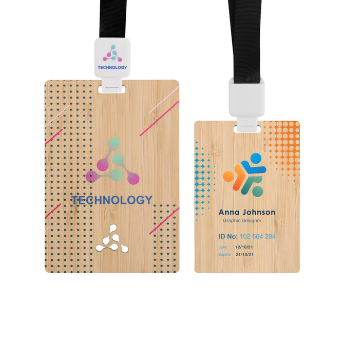 A bamboo name tag featuring a colourful design and a black attachment strap. One side displays a logo and text.