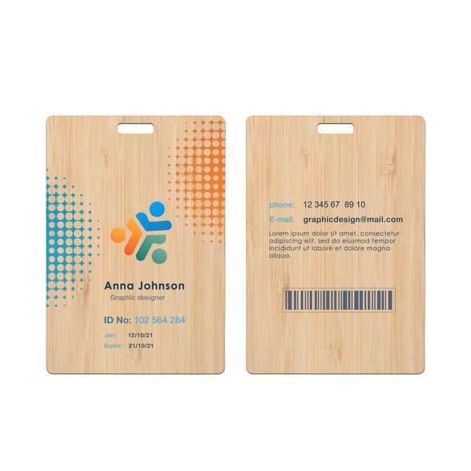 A bamboo name tag featuring a multicoloured design, a barcode, and space for personal details.