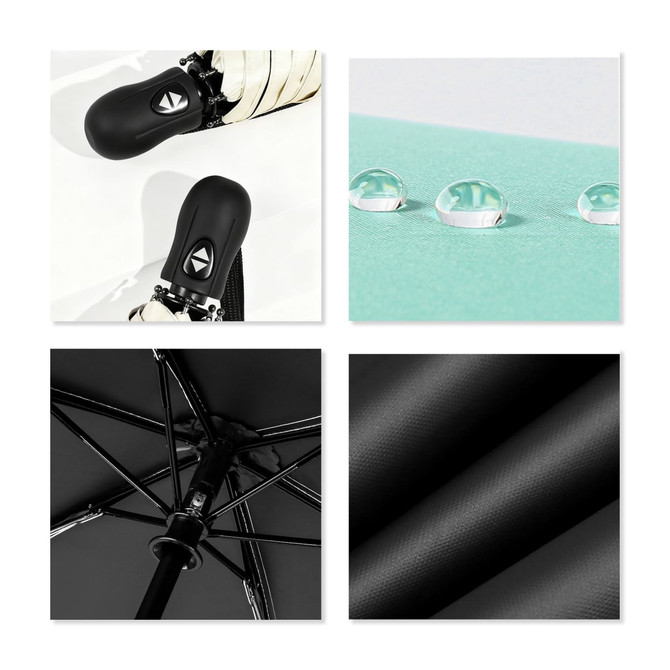 A mini auto umbrella featuring a black handle, waterproof fabric, and a close-up of detailing and raindrops.
