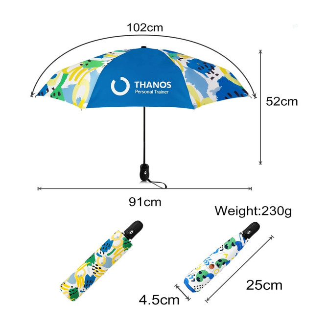 A light mini auto umbrella featuring a blue canopy with colourful patterns, packed in a matching case. Dimensions included.