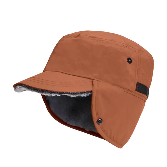 A thickened earflap hat in a rich brown colour, featuring a sturdy brim and soft, warm lining.