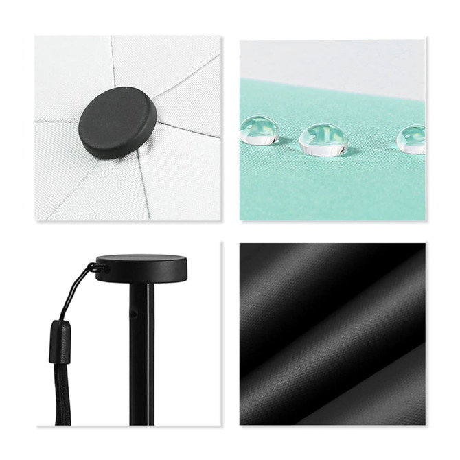 A small black umbrella with close-up views of its top, water droplets on fabric, handle, and fabric texture.