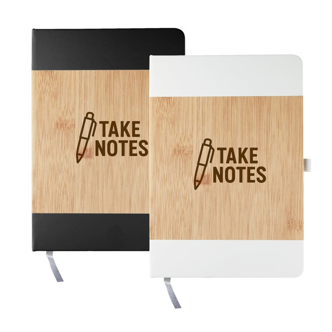 Two Axis Notebooks with bamboo covers, one in black and one in white, featuring a design with a pen icon.