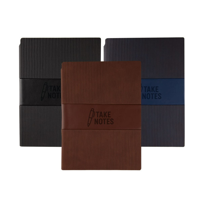 Three notebooks in black, blue, and brown, each with a ribbed texture and a band featuring a logo.
