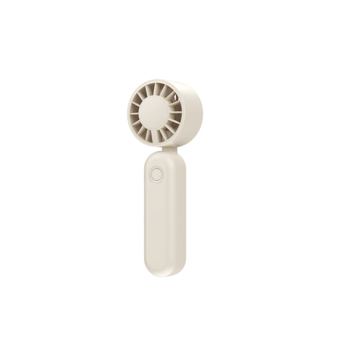 A foldable handheld fan in cream colour, featuring a compact design and a simple push-button interface.