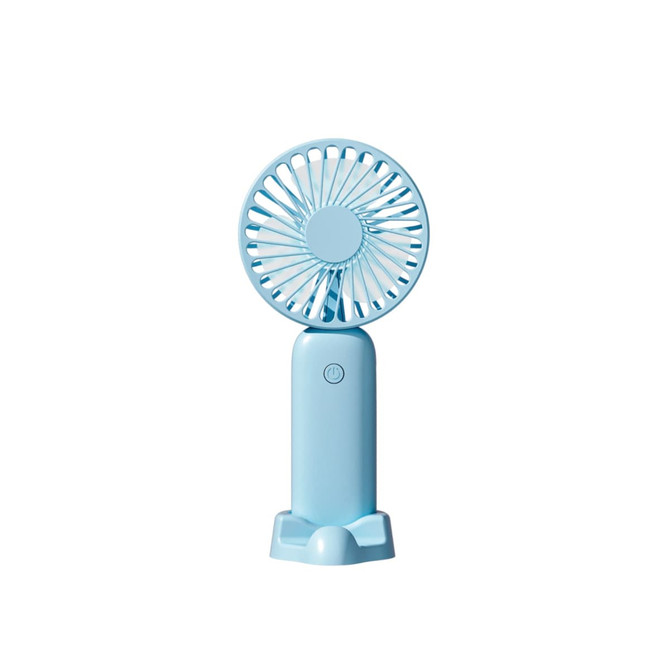 A handheld fan in light blue colour with a built-in phone stand at the base. It has a logo on the front.