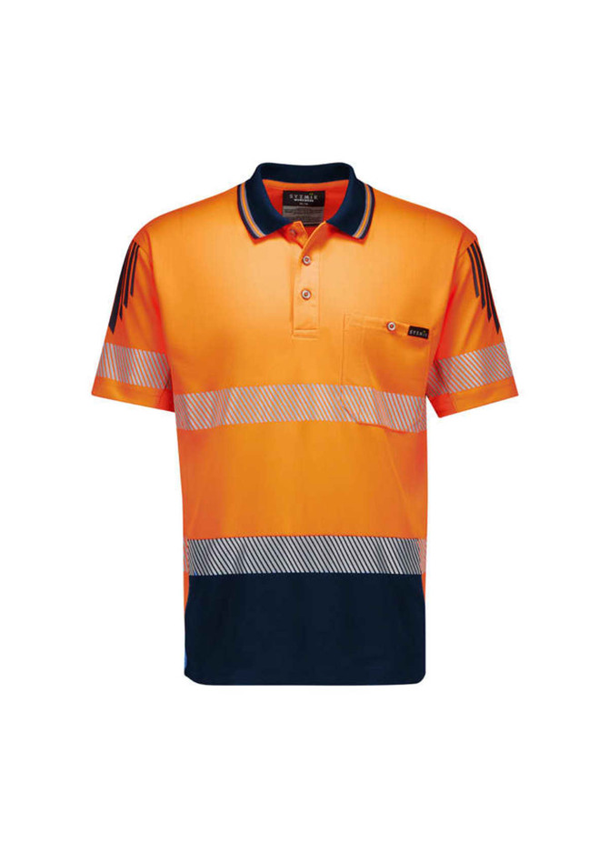 A short sleeve polo in bright orange with navy accents and segmented reflective tape, featuring a pocket and logo.
