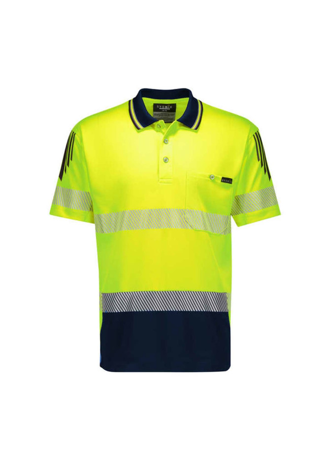 A short sleeve polo in high visibility yellow and navy, featuring segmented reflective tape and a pocket. It has a logo.