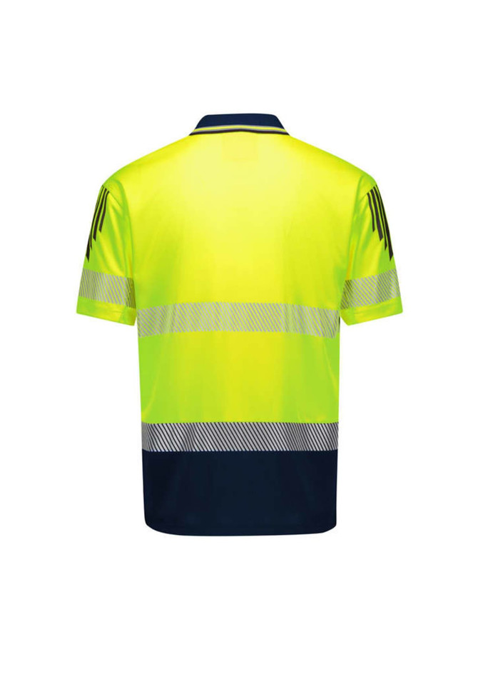A short-sleeve polo in high visibility yellow with navy accents and segmented reflective tape. Features a logo.