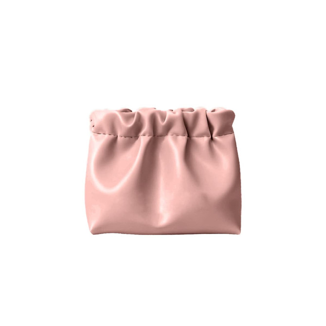 A zipperless portable makeup bag in soft pink, featuring a gathered design and smooth finish.