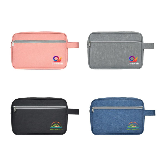 Four toiletry bags with handles in pink, grey, black, and blue, each featuring a logo.