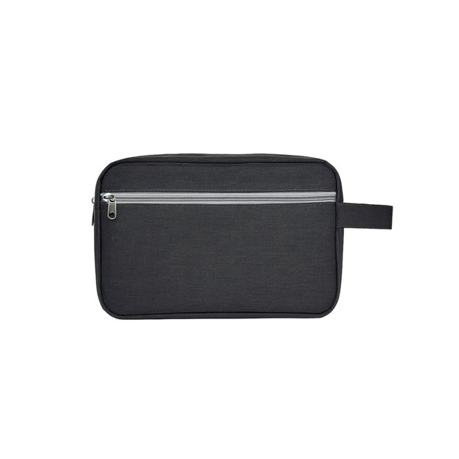 A black toiletry bag with a handle and a zippered front pocket, featuring a logo.