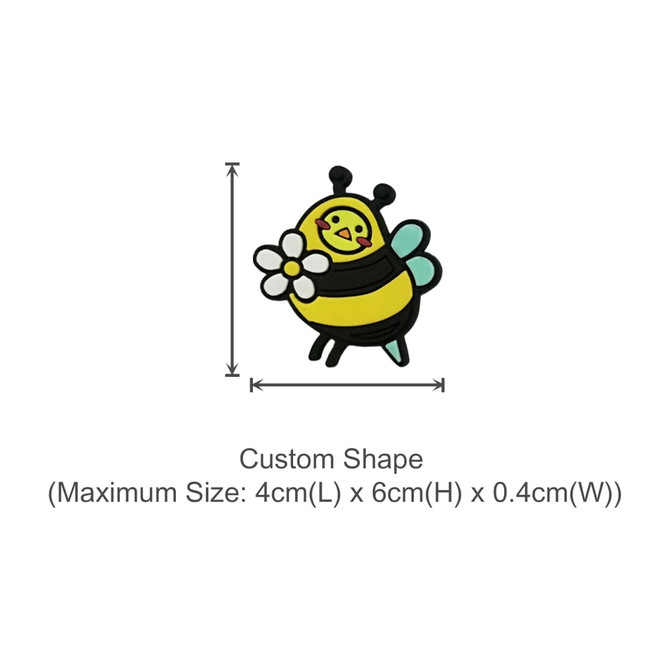A yellow and black bee magnet with a flower, featuring a custom shape and dimensions. It has a logo.