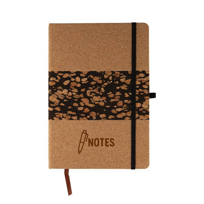 A cork notebook featuring a coffee grounds design band, with a black elastic closure and a ribbon marker.