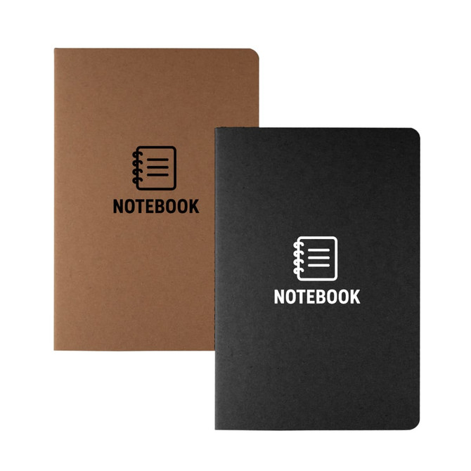 Two notebooks in brown and black, each featuring a logo and the word "NOTEBOOK" on the front cover.