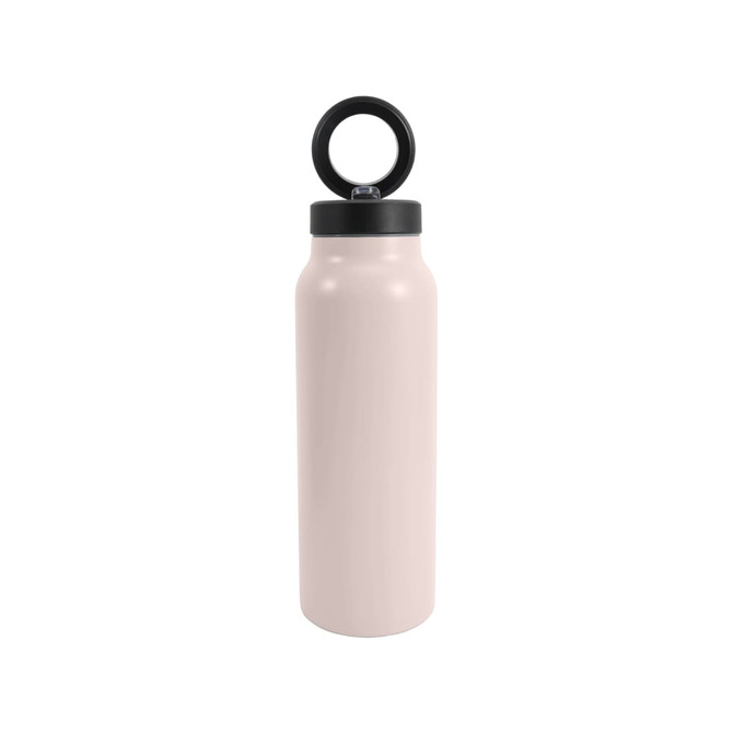 A drink bottle in a soft pink colour with a black screw-on lid and a circular handle. It features a logo.