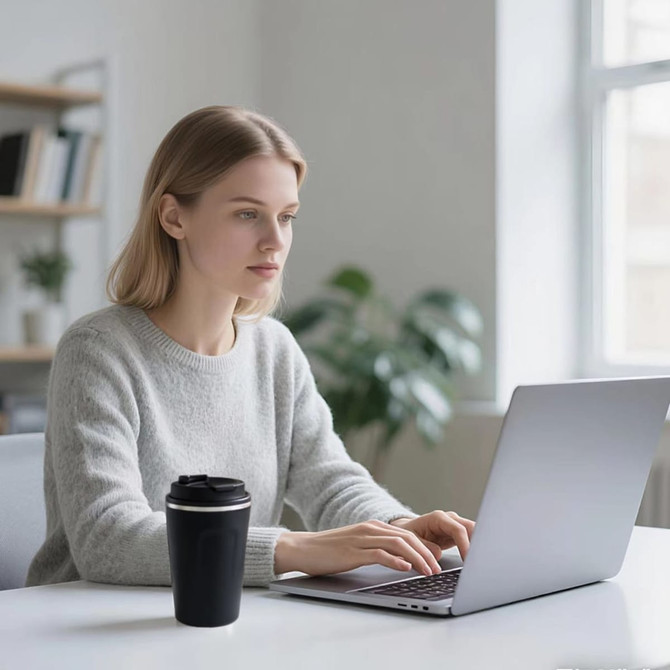 A stainless steel coffee mug in black sits on a table next to a woman working on a laptop in a bright room.