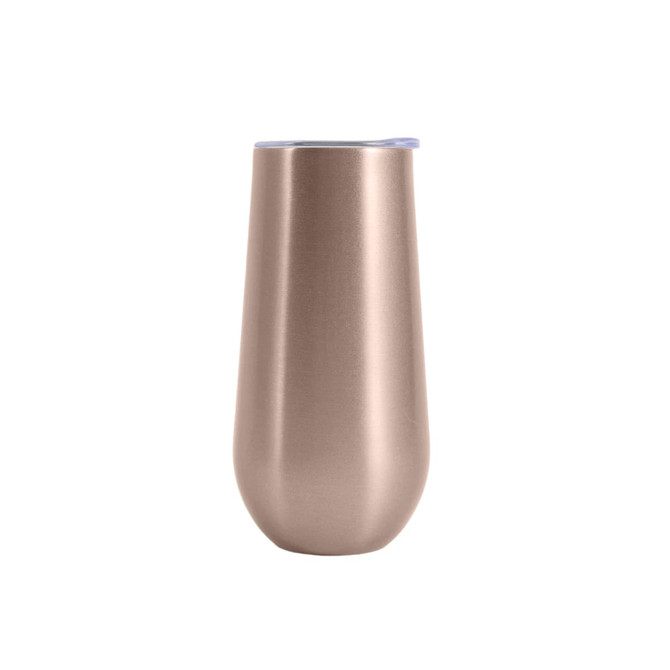 A vacuum champagne flute in a matte bronze finish, featuring a transparent lid. Includes a logo.