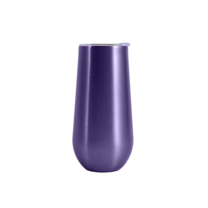 A vacuum champagne flute in a sleek purple finish, featuring a clear lid and a smooth metallic surface.