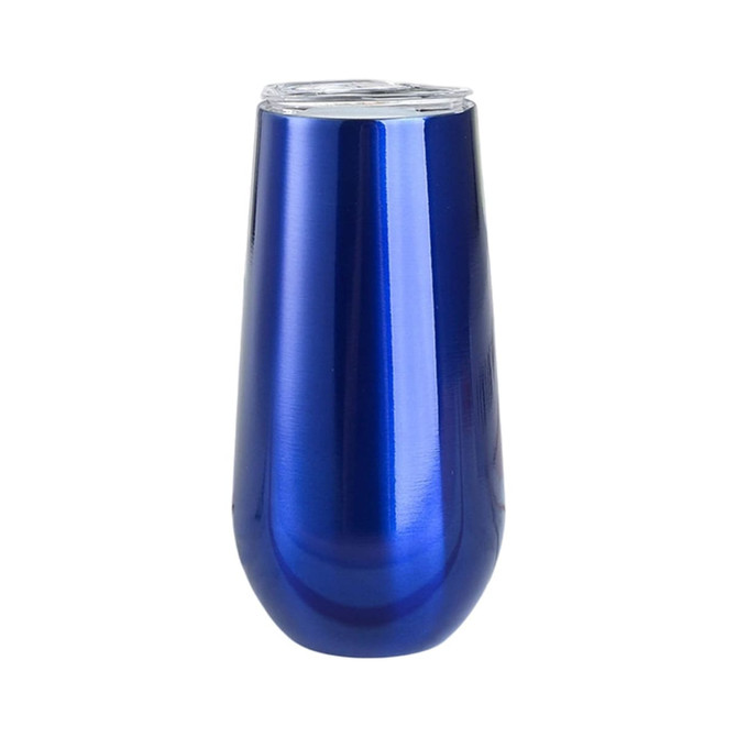A drink bottle in a shiny blue finish, featuring a clear lid and a sleek, modern design. It has a logo.