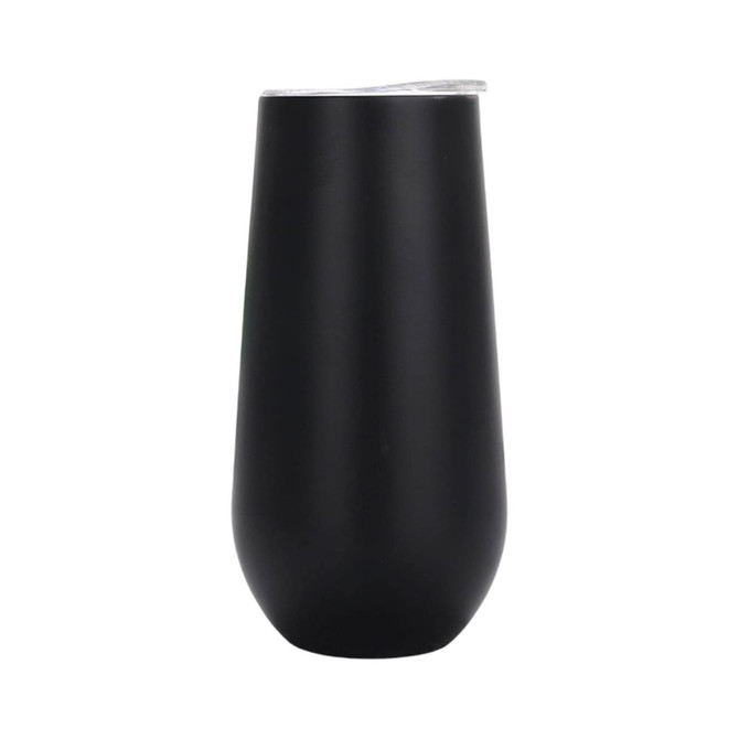 A drink bottle in matte black, featuring a sleek design and a clear lid, suitable for beverages.