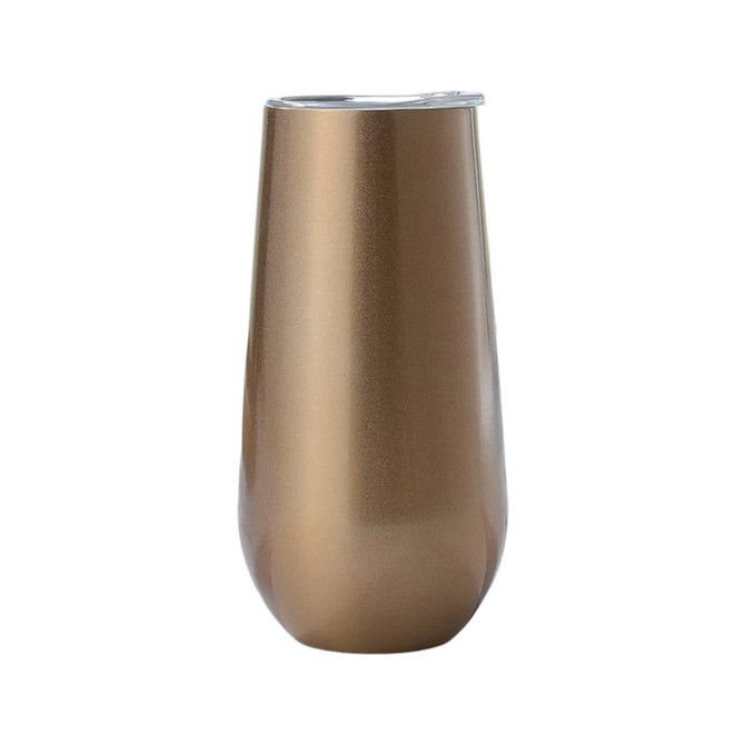 A drink bottle featuring a sleek, metallic bronze finish with a clear lid, designed for beverages.
