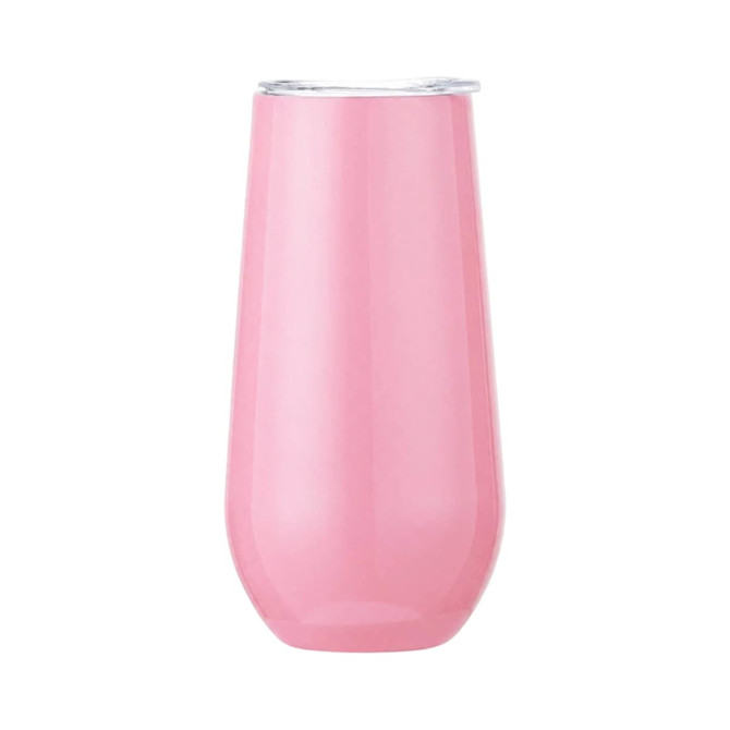 A drink bottle in a pink finish with a clear lid, designed as a 150ml vacuum champagne flute. It features a logo.